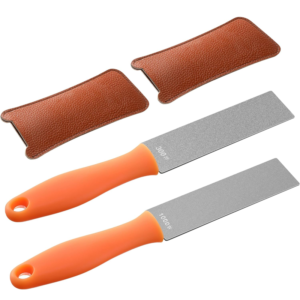 2 Pcs Dual Grit Diamond Sharpening Stone File Coarse 300# /Extra Fine 1000# Grit with Leather Sleeve Garden Tool Blade Sharpener for Knife, Axe, Lawn Mower Blade, Shears, Chisel Spade (Orange)