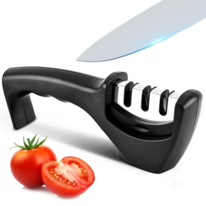 Elite Kitchen Knife Sharpener with 3 Stages, Professional Manual Blade Sharpening System, Ceramic Stone, Tungsten Carbide Plates, Diamond rods, Ergonomic Handle, Non-Slip Base,Stylish Black