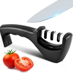 Elite Kitchen Knife Sharpener with 3 Stages, Professional Manual Blade Sharpening System, Ceramic Stone, Tungsten Carbide Plates, Diamond rods, Ergonomic Handle, Non-Slip Base,Stylish Black